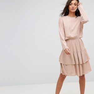 Long Sleeve Ruffle Tiered Dress Light Pink